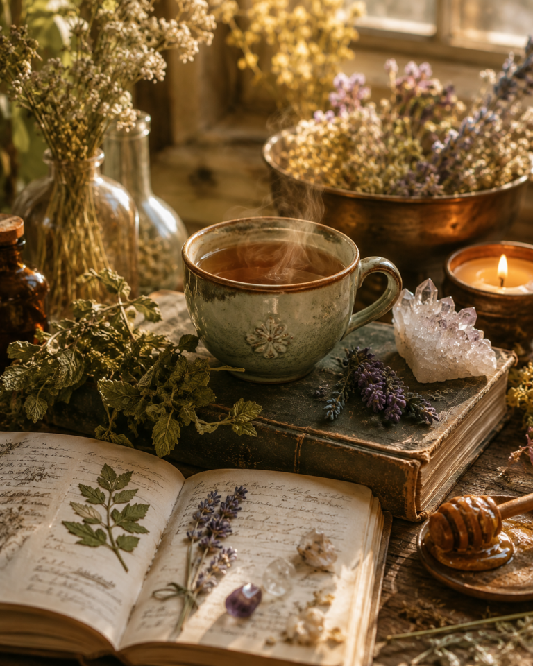 Tasse d'infusion de plantes et grimoire de naturopathie pour la fin d'été par Prisci au Naturel à Amilly