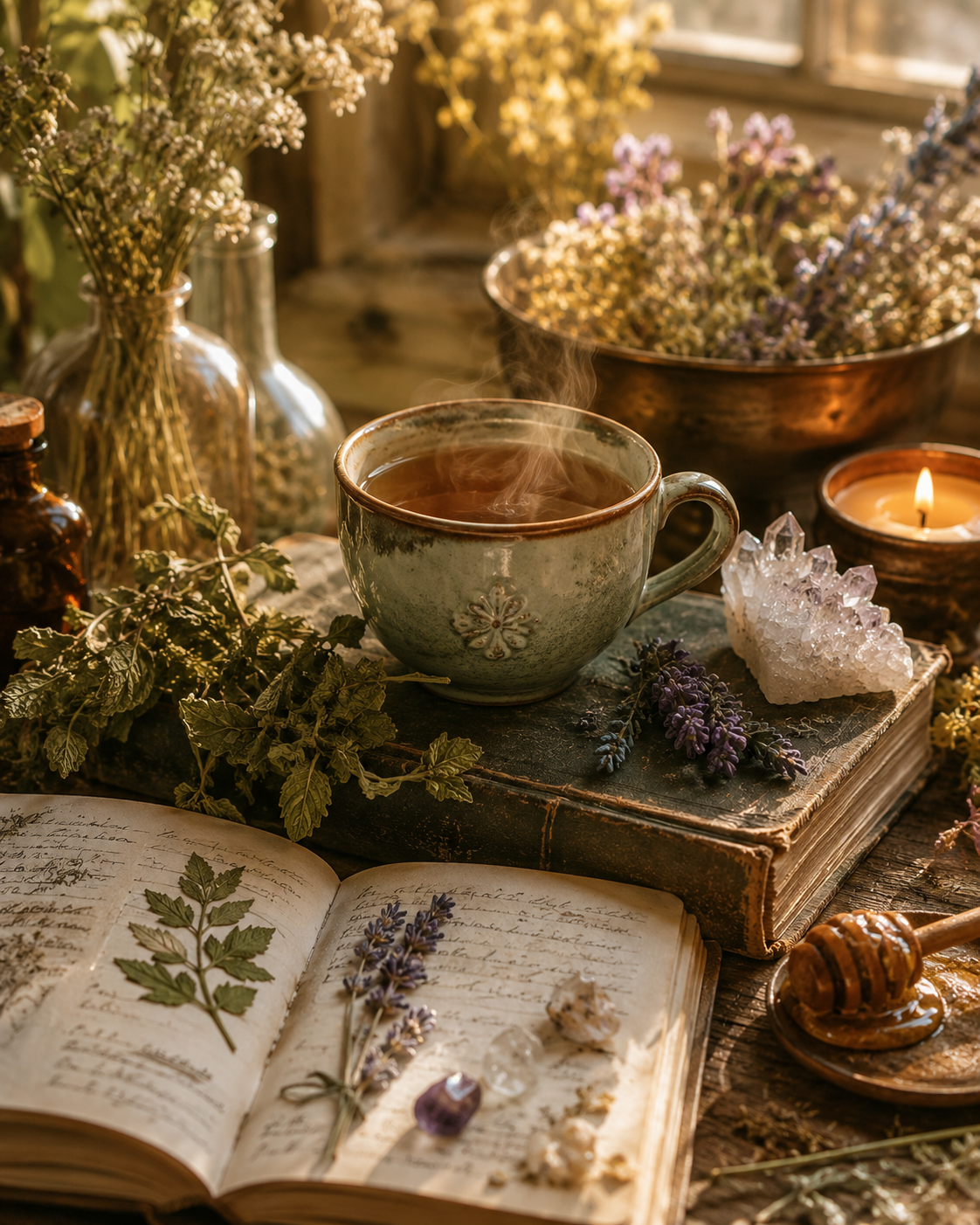 Tasse d'infusion de plantes et grimoire de naturopathie pour la fin d'été par Prisci au Naturel à Amilly